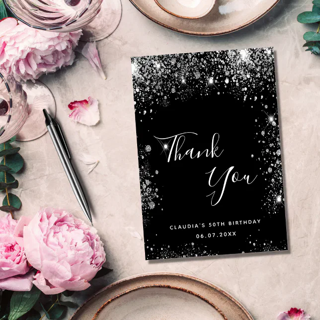 Birthday Black Silver Glitter Elegant Thank You Card Zazzle