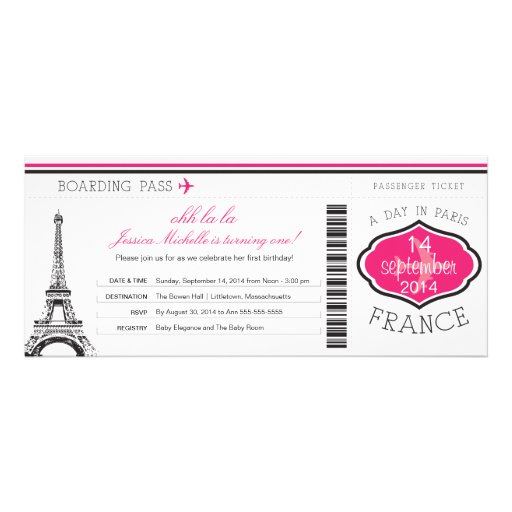 Birthday Boarding Pass to Paris Custom Invites (front side)