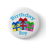 Birthday boy in blue with presents pinback buttons