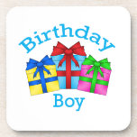 Birthday boy in blue with presents coaster