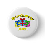Birthday boy in yellow with presents buttons