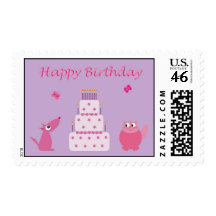 Birthday cake and cute pets postage stamp