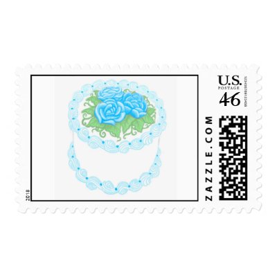 Birthday Cake with Blue Flowers Postage Stamps by twopurringcats