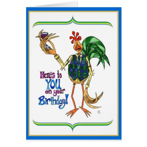 Birthday Card Rooster Illustration Wine Glass | Zazzle