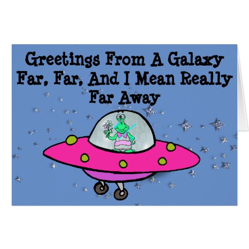 Birthday Card with Alien, Spaceship, and Balloons | Zazzle