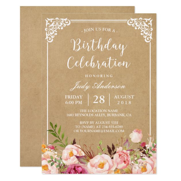 Birthday Celebration | Rustic Floral Frame Kraft Card (front side)