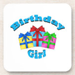 Birthday girl in blue with presents beverage coasters