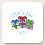 Birthday girl in blue with presents beverage coasters