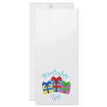 Birthday girl in blue with presents rack card