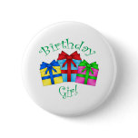 Birthday girl in green with presents pins