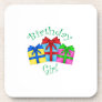 Birthday girl in green with presents coasters
