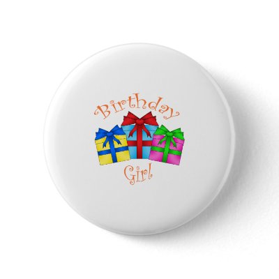 Birthday girl in orange with presents pinback button by Brothergravydesigns