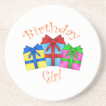 Birthday girl in orange with presents drink coaster