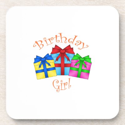 Birthday girl in orange with presents beverage coaster by Brothergravydesigns