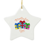 Birthday girl in orange with presents christmas tree ornament