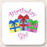 Birthday girl in pink with presents beverage coaster