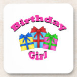 Birthday girl in pink with presents beverage coaster