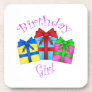 Birthday girl in purple with presents drink coasters