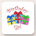 Birthday girl in red with presents coasters