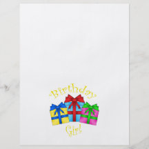 Birthday girl in yellow with presents personalized flyer