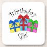 Birthday girl with presents drink coaster