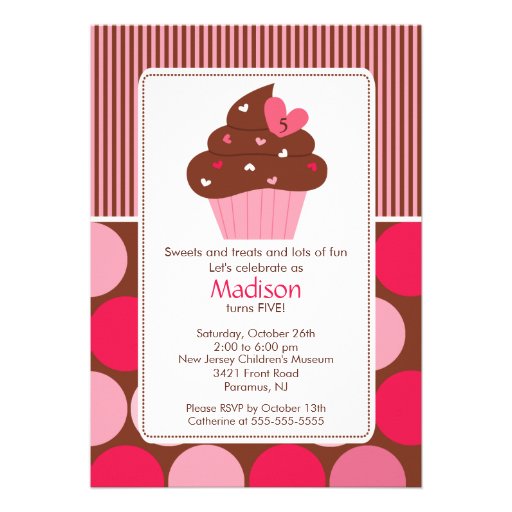 Birthday Invitation Sweet Heart Cupcake Pink Brown