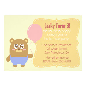 Birthday: Kawaii brown bear holding a pink balloon Custom Invite