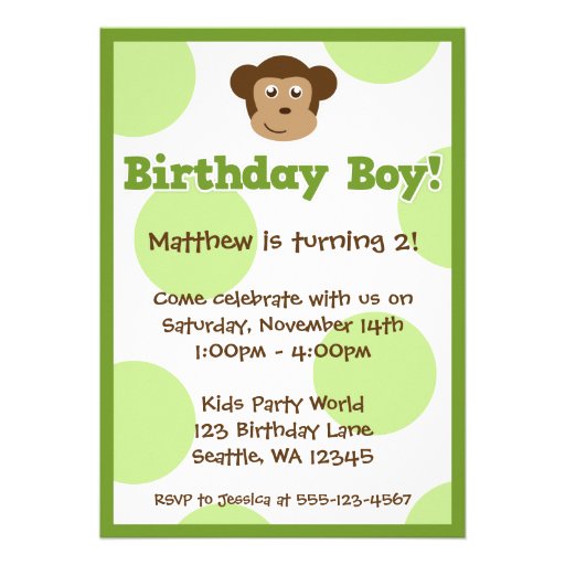 Birthday Monkey Green Polka Dots Boy Birthday Personalized Invitations (front side)