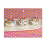 Birthday muffins with icing, sprinkles and postcard