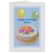 Birthday, Niece, Cake and Balloons Greeting Card