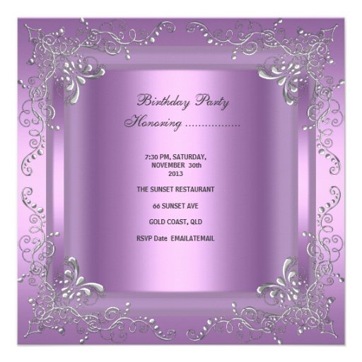 Birthday Party 21st Lilac Pink Silver Grey Personalized Invite