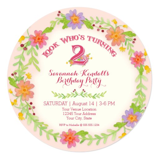 Birthday Party 2 Years Old Girl, Watercolor Floral Custom Announcement Birthday Party 2 Years Old Girl, Watercolor Floral Custom Announcement