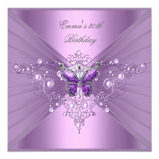 Birthday Party 30th Lilac Pearl Purple Butterfly Announcement