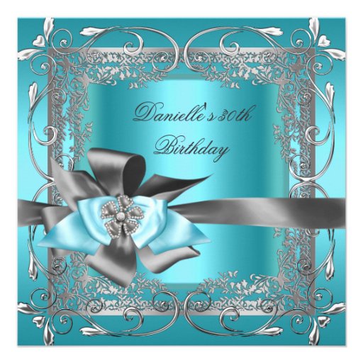 Birthday Party 30th Teal Blue Silver Grey Bow Personalized Announcements