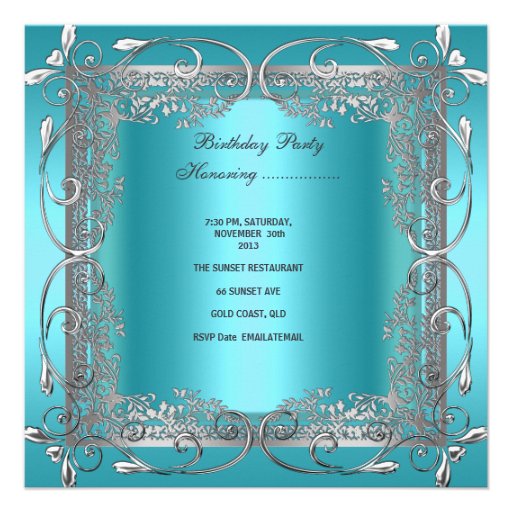 Birthday Party 30th Teal Blue Silver Grey Bow Personalized Announcements