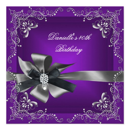 Birthday Party 40th Purple Silver Black Grey Custom Announcements