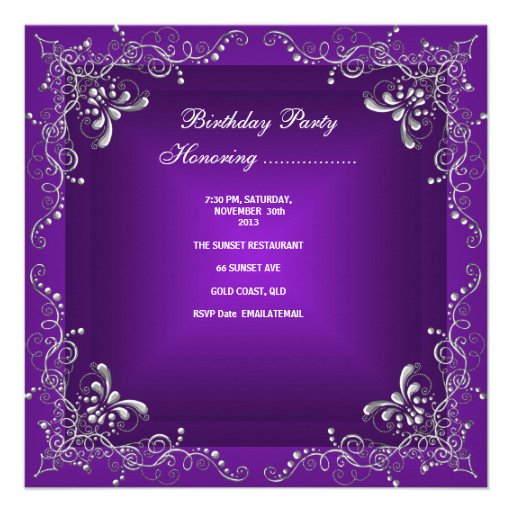 Birthday Party 40th Purple Silver Black Grey Custom Announcements