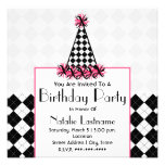 Birthday Party Black & Pink with Argyle Party Hat Personalized Invitation