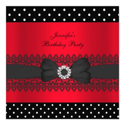 Birthday Party Black Red Polka Dots Bow Personalized Announcements