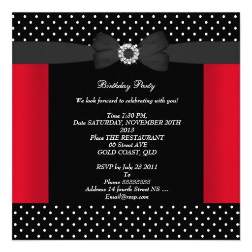 Birthday Party Black Red Polka Dots Bow Personalized Announcements