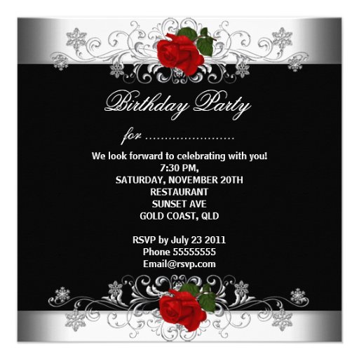 Birthday Party Black Red Rose White Flowers Personalized Invitations