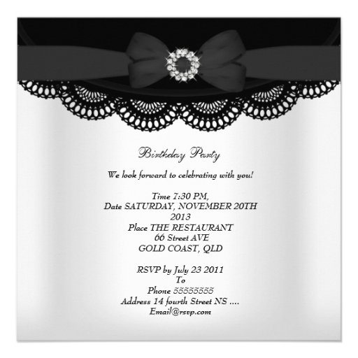 Birthday Party Black White Lace Diamond Top Custom Announcements