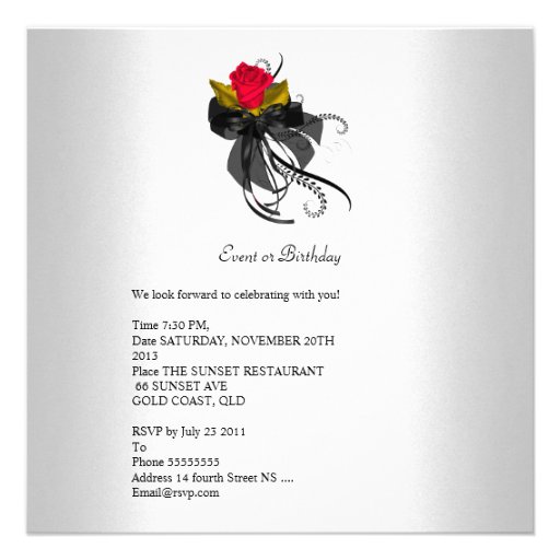 Birthday Party Black White Red Rose Invite