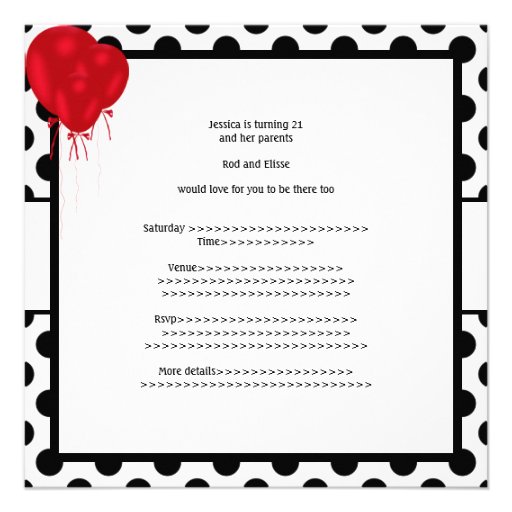 Birthday Party Black & White Spots Red Balloons Personalized Invite