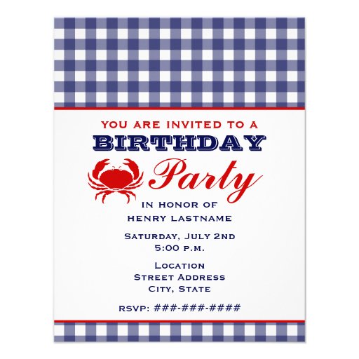 Birthday Party Blue Gingham & Crab Personalized Invite