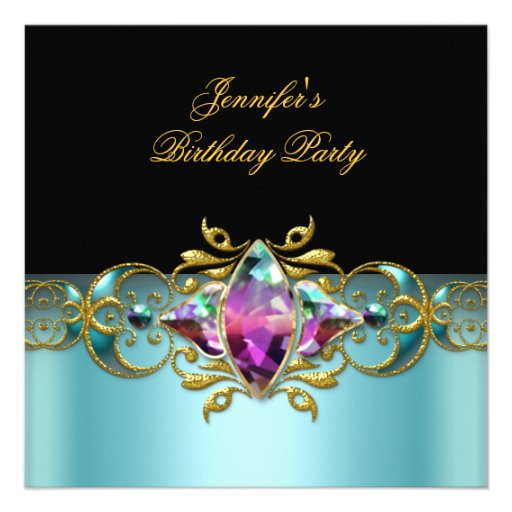 Birthday Party Blue Lilac Pink Black Ornate Image Invite