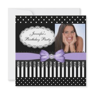 Birthday Party Bow Black Lilac White Polka Dots Personalized Invite