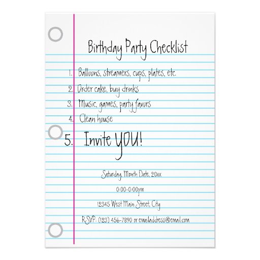 Birthday Party Checklist Invitations