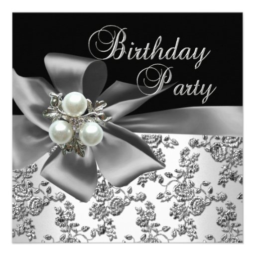 Birthday Party Damask Pearl Silver White Black Custom Invitation