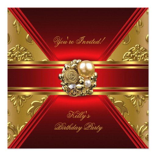 Birthday Party Damask Red Gold Invite